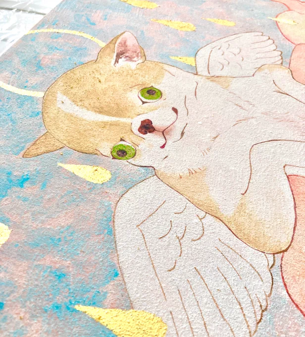 結局、昨日の絵は終わらず。  金箔貼りに切り替えました。