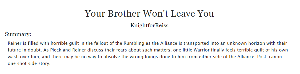 NobodyKnowsDCEU's tweet photo. For the final day of Warriors Week, I am using a prior fic for the theme of guilt following the Rumbling. https://t.co/qnMbUCF6ux
#warriorsunitweek2023 #warriorunit #reinerbraun #falcogrice https://t.co/puUnIVIF3l
