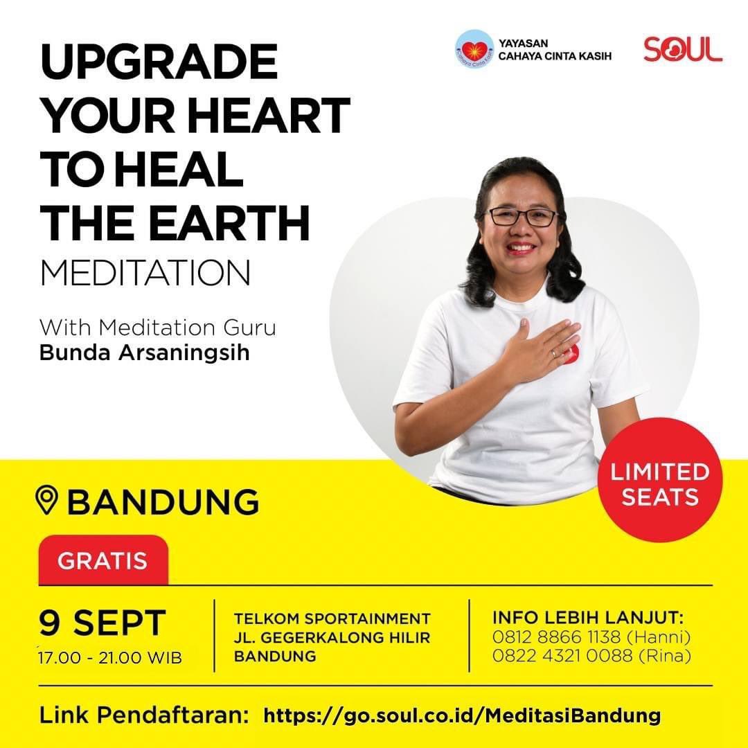 AG_BayuNugraha's tweet photo. Kini giliran #Bandung mnjdi tujuan untuk proses Meditasi bersama dgn tema “Upgrade Your Heart To Heal The Earth”. Yuk rasakan proses healing dgn kekuatan Tuhan sekaligus melayani Bumi ❤️

Gratis!, daftar disini: https://t.co/uXGRwNvZnx

#KarmaReinkarnasi #MeditasiGuru https://t.co/c1CByFtyp5