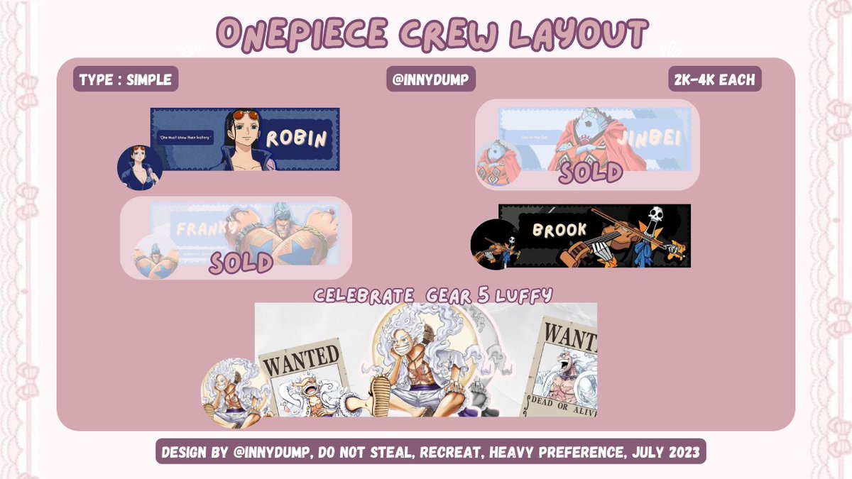 Help retweet, thank you💖

menyambut GEAR 5 Luffy yg sgt kerennn ini 🥹🥹, aku mau jual layout onepiece inii. Flash sale ajaa yuk 1k/ each

#zonauang  #ギア5 #gear5 #ONEPIECE1071