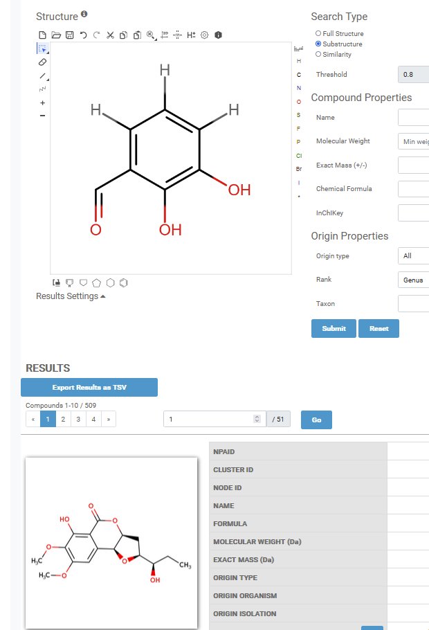 ZachReitzPhD's tweet photo. I'm struggling with the substructure search of #NPAtlas. For example, how can I find NPs that contain 2,3-DHB while excluding other benzoate substitutions? Adding explicit hydrogens doesn't seem to work either. @NatProdAtlas https://t.co/mF7zfhj0Cl