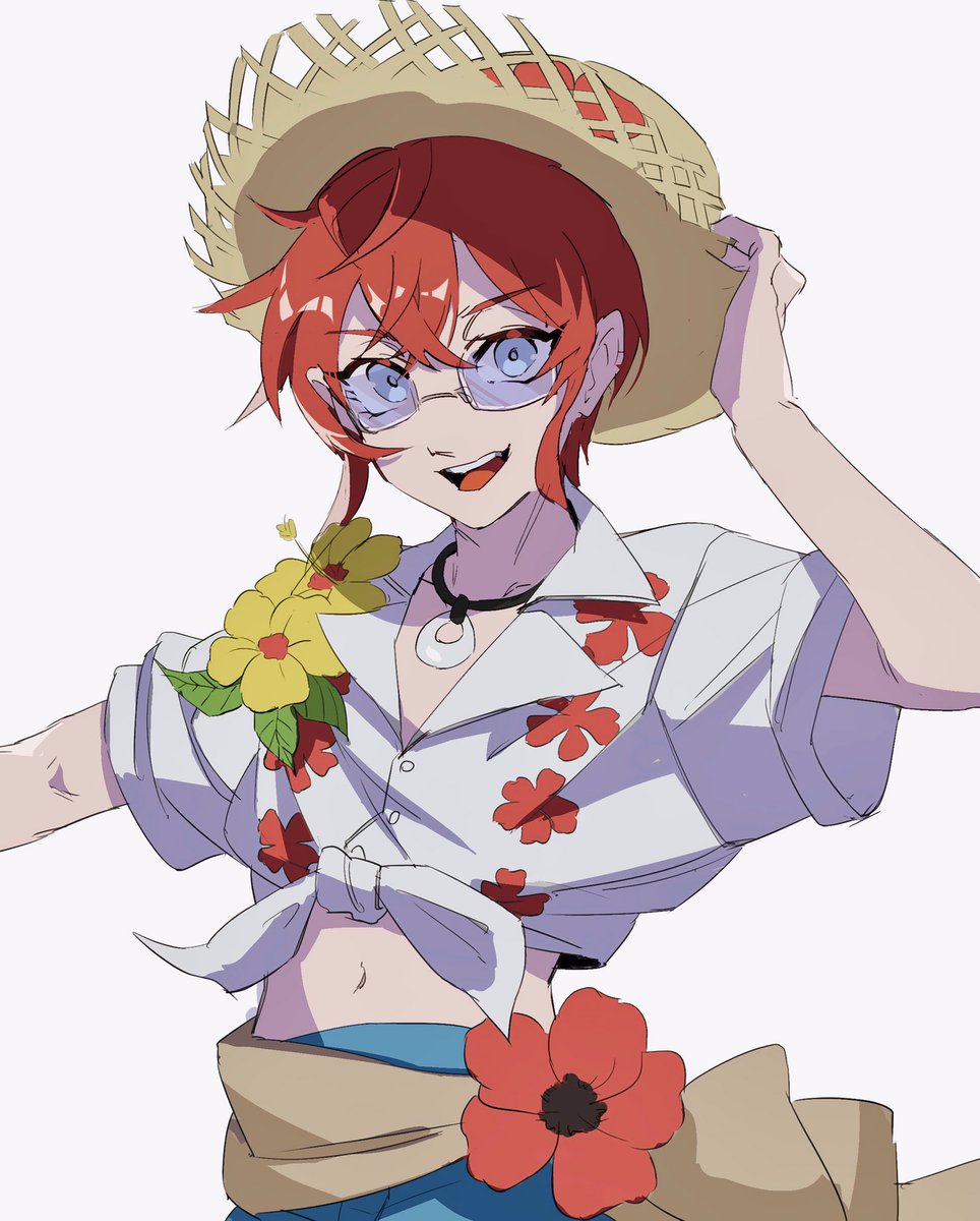 1boy male focus hat red hair solo flower straw hat  illustration images