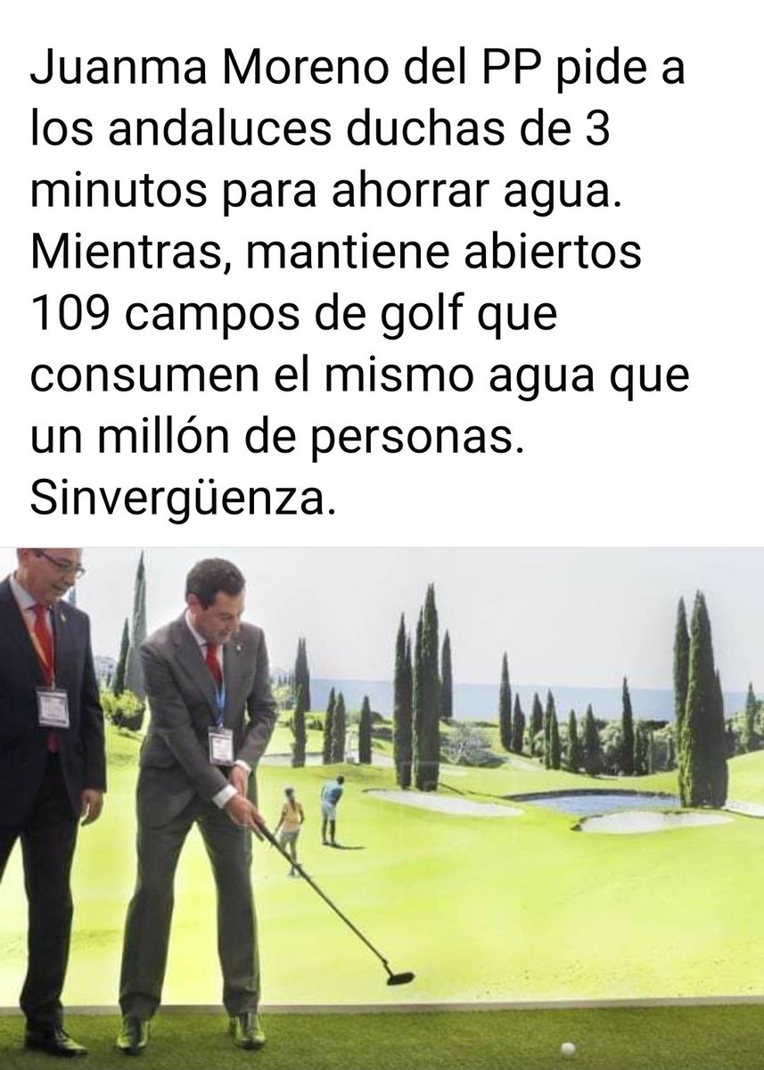 ELTOLAVARA6's tweet photo. Andaluces, lo mejor es que no os ducheis para que los señoritos puedan jugar al golf..Es lo que habéis votado...No os quejéis. https://t.co/u3DC3XxJmi