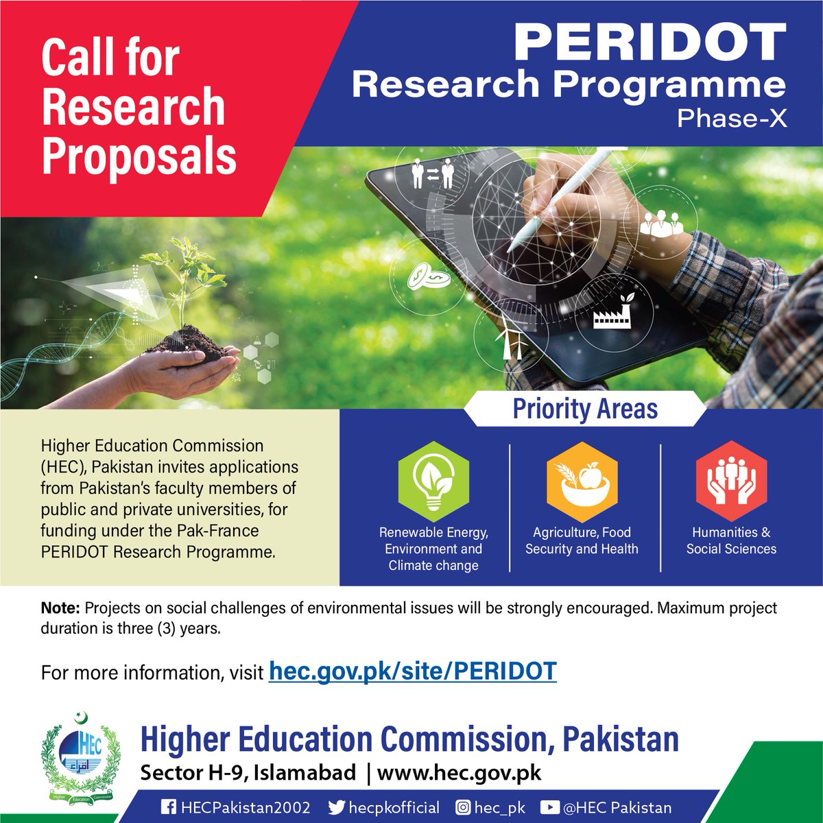 hecpkofficial's tweet photo. #CallForProposals

The online portal for submission of research proposals for Pak-France #PERIDOT Research Programme will open on August 16.

For more info, visit https://t.co/NPe3e7goFR

#RenewableEnergy #Environment #ClimateChange #Agriculture #FoodSecurity #Health #Humanities https://t.co/D0feYa5yPz