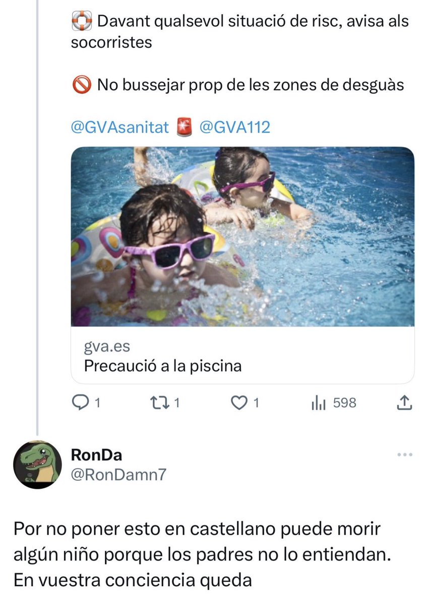 vicentbaydal's tweet photo. Si la Generalitat fa tuits en valencià (a banda que els faça en castellà, en altres fils), moriran xiquets a cabassades. Ens avisa un madrileny voxero, que sempre estan a l'aguait del benestar dels valencians! https://t.co/NeyZARnCrn