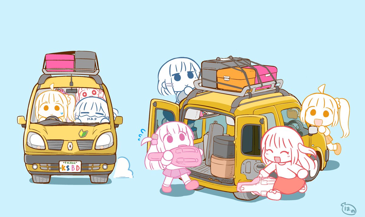 gotou hitori ,ijichi nijika multiple girls cube hair ornament ground vehicle motor vehicle side ponytail car pink jacket  illustration images