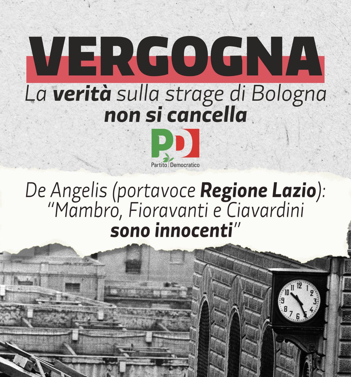 Qualcuno vuole cancellare le responsabilità evidenti del neofascismo nella strategia della tensione.
Non lo permetteremo. #DeAngelis deve dimettersi, ma la destra al governo deve chiarire la sua posizione. Non è un problema di comunicazione, ma di memoria storica condivisa.