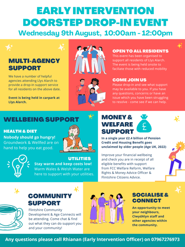 ClwydAlyn's tweet photo. An Early Intervention doorstop event is being held on the 9th August in Llys Alarch, Flint.  If you need any help or advice, please attend.

If you have any questions please contact Rhianan on 07967 276973

@FlintshireCC @RefurbsFlint https://t.co/nZrsW90rYw