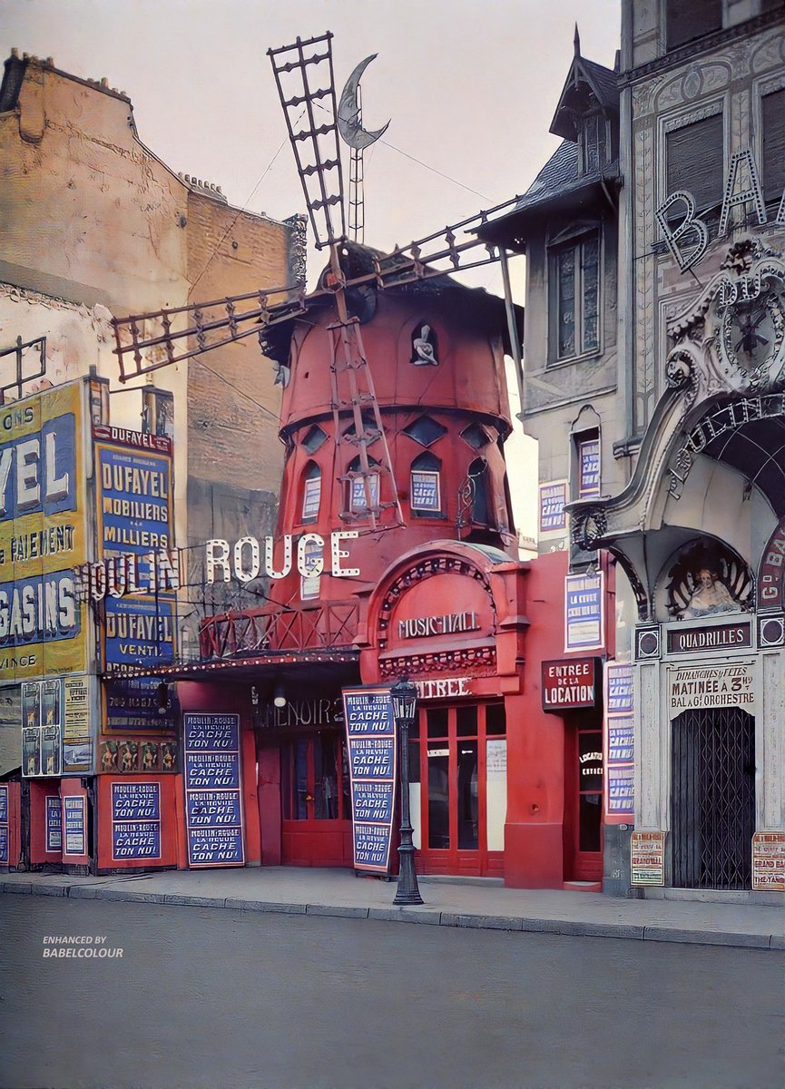 I've enhanced for you this stunningly contemporary-looking autochrome of the original Moulin Rouge - the famous Parisian cabaret venue that burned down in February 1915. This colour photo was taken by Stéphane Passet 109-years-ago, on Wednesday 24th June 1914 (4 weeks before WWI)