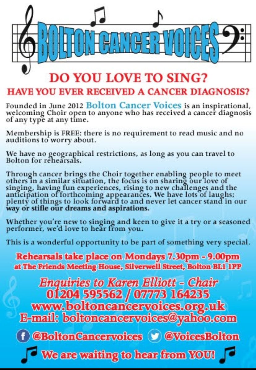 VoicesBolton's tweet image. @WorkWithCancer 
@TargetOvarian 
@VicHallBMM 
@bloodcancer_uk 
@eveappeal 
@BootOutBC 
@orchidcancer 
@MelanomaUK 
@CoppaFeelPeople 
@radiotherapy_uk 

OUR DEDICATED CHOIR 🎵🎶 FOR CANCER PATIENTS &amp;amp; SURVIVORS IS BACK &amp;amp; WE'D ❤️ TO WELCOME NEW MEMBERS

📢 PLEASE KINDLY RETWEET