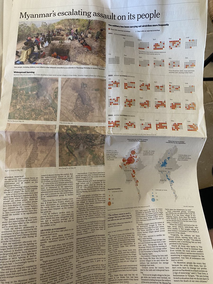 It’s not every day that #Myanmar makes the front page of <a href="/nytimes/">The New York Times</a>.
- NUG&amp;allies control 1/2 country&amp; are expanding.
- junta is punishing civilians for support to NUG with air strikes &amp;burning villages in similar way to what they did in #Rohingya #genocide
#WhatsHappeningInMyanmar