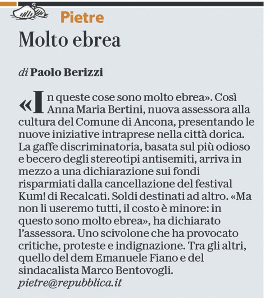 PBerizzi's tweet photo. "In queste cose sono molto ebrea". L'odioso scivolone discriminatorio della nuova assessora alla cultura di Ancona sui soldi risparmiati. L'estate del Bel Paese.

#Pietre
@repubblica https://t.co/tCH8d6i57j