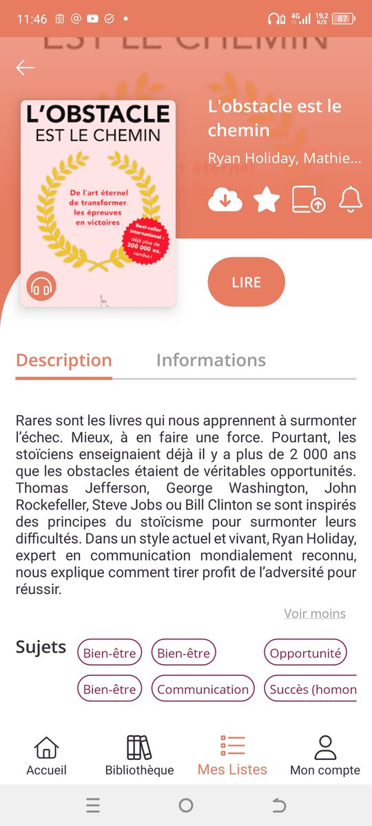 Je viens de finir mon premier long livre audio. Ça a été pour moi l'occasion de sortir de ma zone de confort😊
 Je l'ai écouté sur la plateforme @YouScribe_YS 
C'était un livre #NH riche en enseignements qui reprends essentiellement les principes sur stoïcisme.
#BukuNdeMakambo