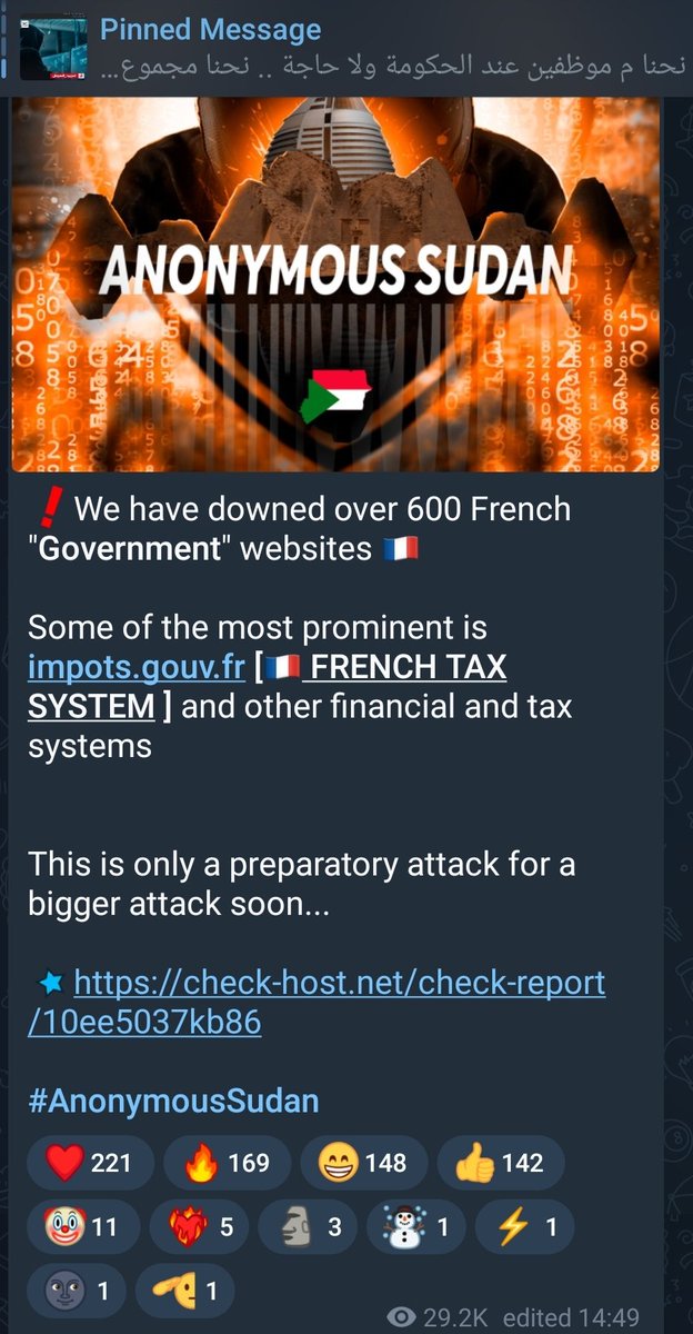 _SaxX_'s tweet photo. 🚨Le site des impôts en France attaqué par #AnonymousSudan

Tandis que la situation au #Niger🇳🇪 est toujours incertaine, le groupe #hactiviste Anonymous Sudan menace la France🇫🇷

Hier, il postait un message annonçant une vague d'attaque informatique de type #ddos sur pas loin de 600 sites français.

Parmi ces sites, le site des impôts dans le viseur. 24h après l'attaque le site n'est tjrs pas accessible. 

Difficile d'avoir une idée précise des autres sites prétendument attaqués à date. 

Affaire à suivre. 

#cyberattaque