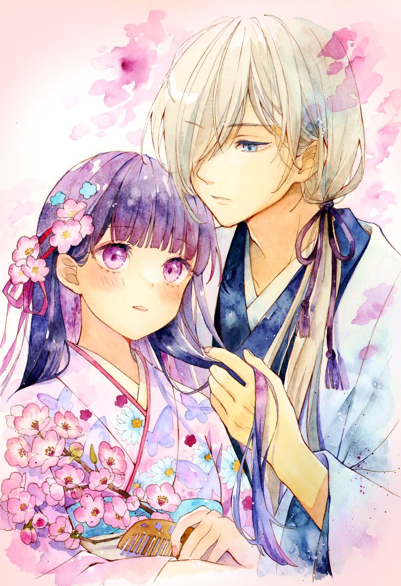 1girl japanese clothes 1boy kimono long hair holding another's hair flower  illustration images