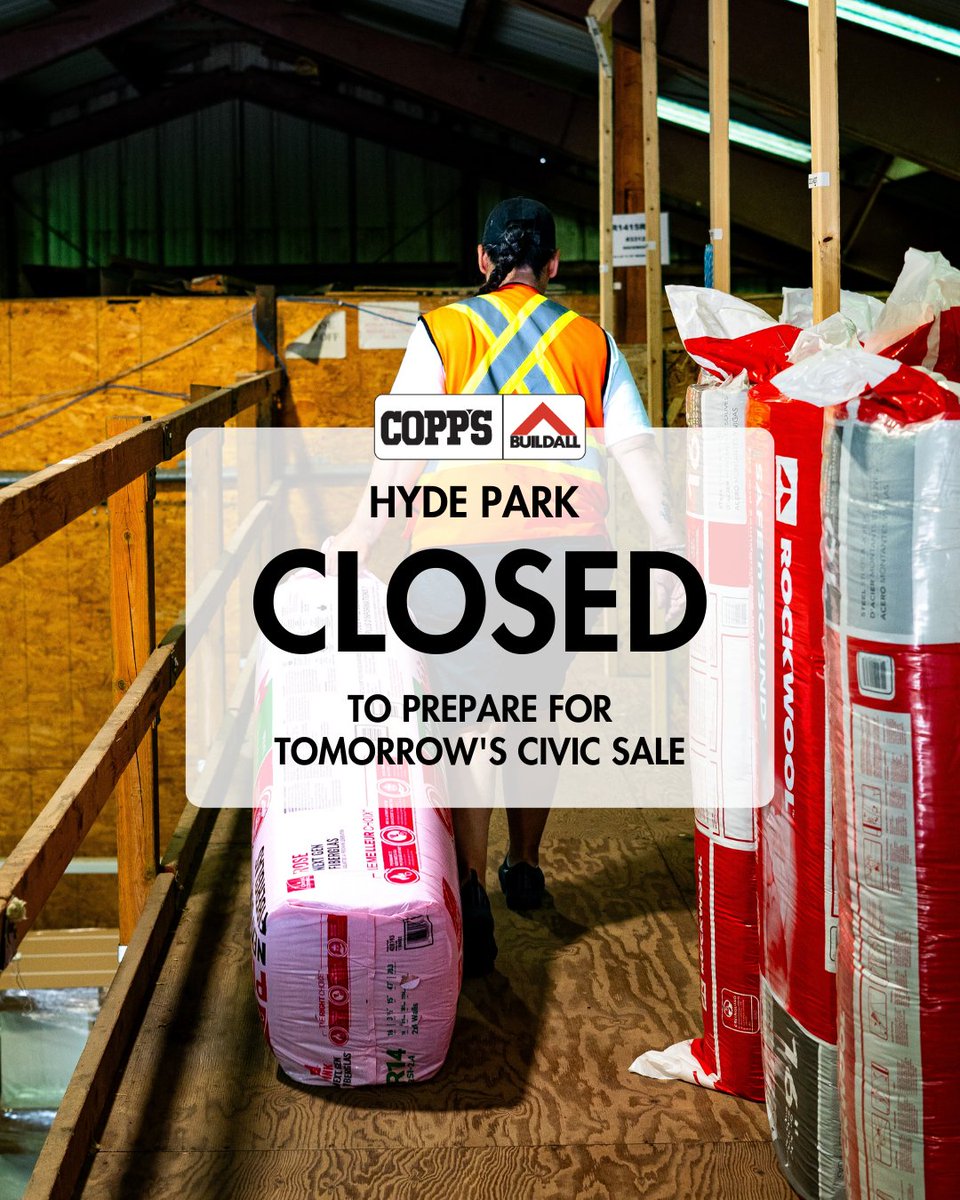CoppsBuildall's tweet photo. Our Hyde Park store is closed today to prepare for tomorrow's Annual CIVIC SALE! 🥳

Our Downtown, Lambeth, and London East stores are open between 8am and 4pm, and remember, our website is ALWAYS open at https://t.co/ZjpSoqGaIr. 💻

#ldnontario #ldnont https://t.co/Njowxwxa0W