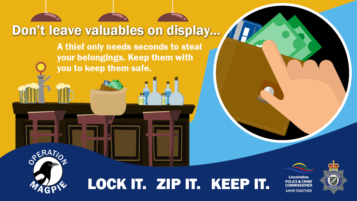 LincsPolice's tweet image. LOCK IT. ZIP IT. KEEP IT.

Don&apos;t leave you valuables on display. A thief only needs seconds to steal your belongings. Keep them with you to keep them safe.

Find out more about #OperationMagpie:
lincs.police.uk/news/lincolnsh…

#LincolnshirePolice