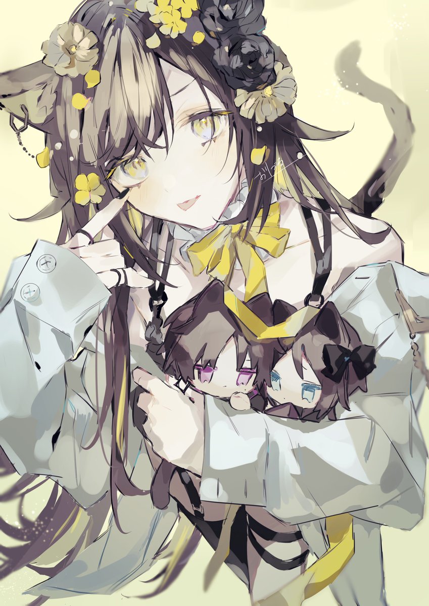 animal ears cat ears tail 1girl yellow eyes tongue out flower  illustration images