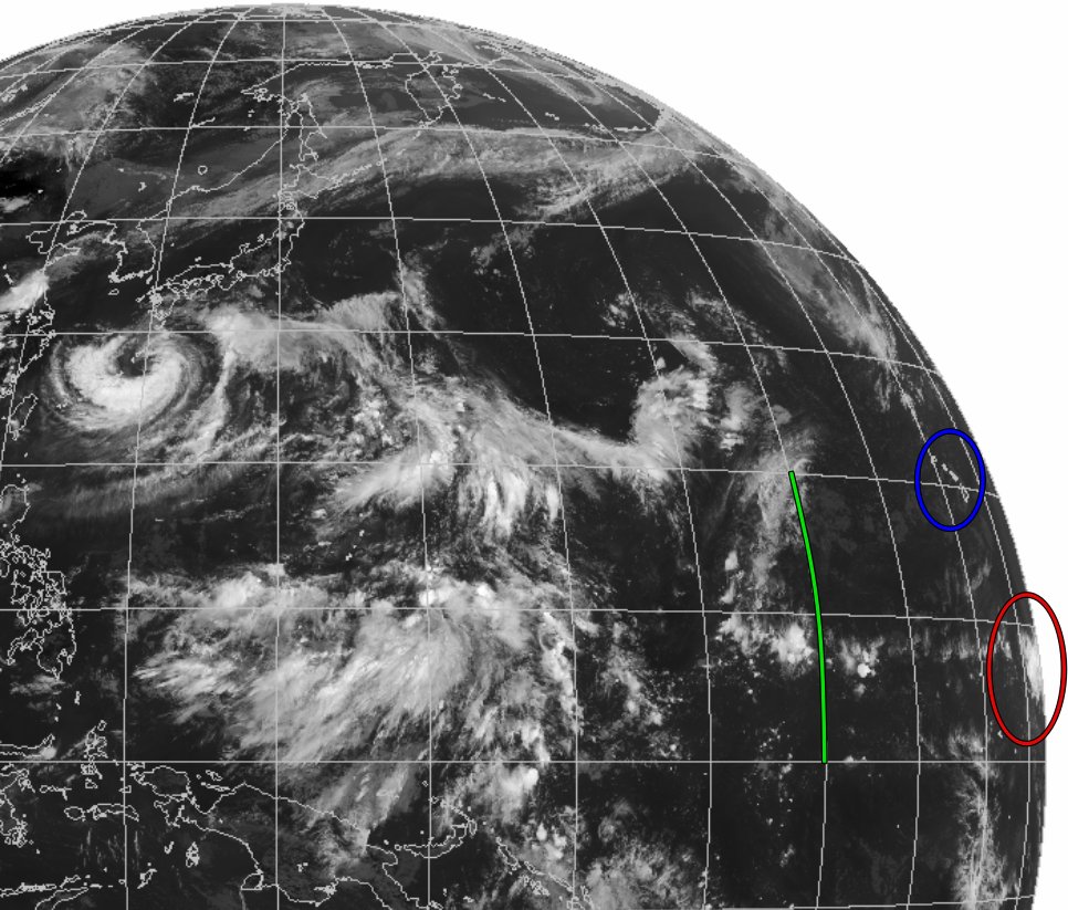 ハリケーンがDORA見えてきた

赤丸がDORA、青丸がハワイ諸島、緑線が東経180度

himawari9号は東経140.7度の赤道上空35786kmにあるのでこの位置はギリギリ写り込む場所でほとんど真横から見ているのに近い状態となってる

東経180度を越えて初めて解析された日時で台風発生となる

出典：気象庁

#DORA