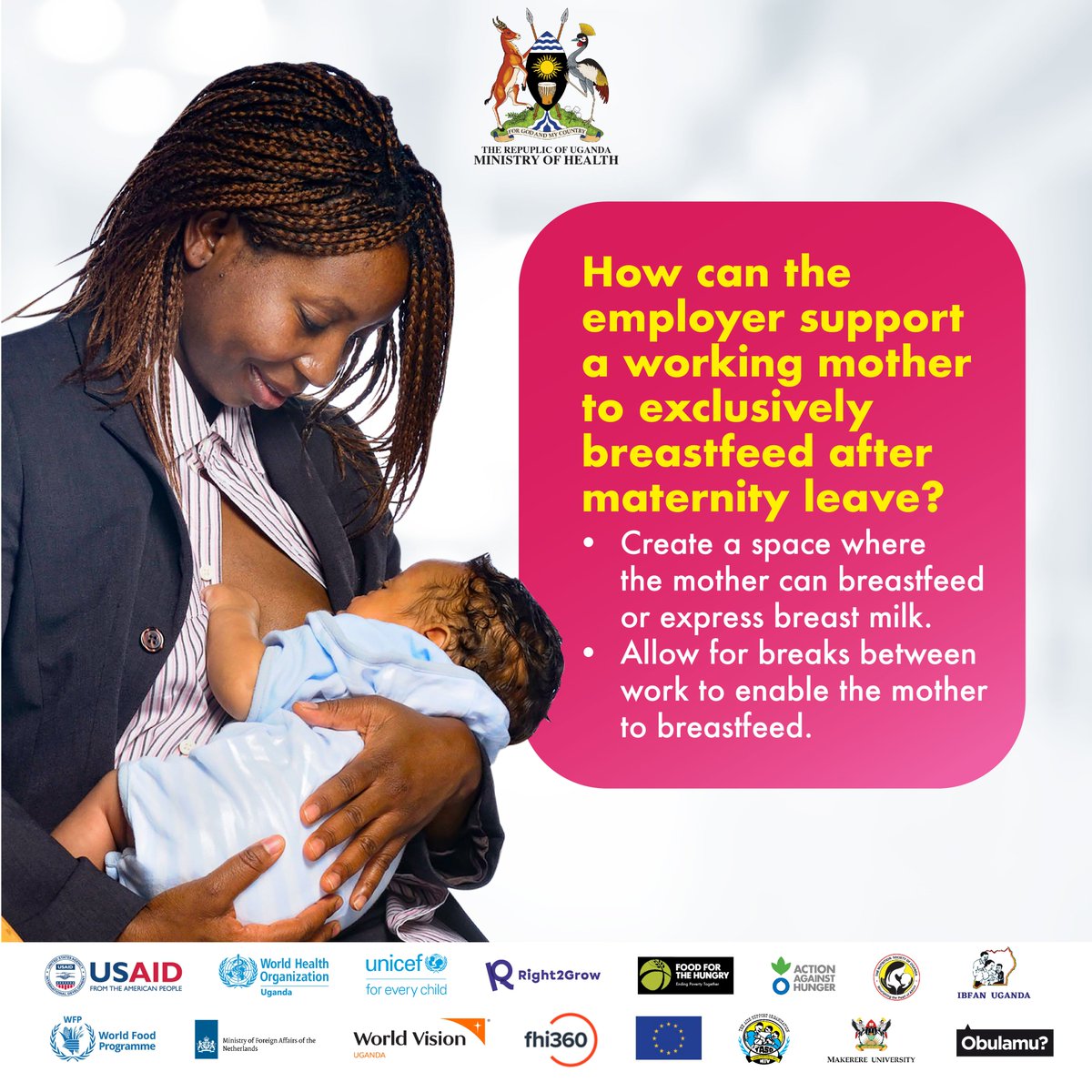 As employers, what can we do to support #workingmothers to exclusively #breastfeed after #maternityleave?  #WorldBreastfeedingWeek2023 @UNICEF @Mglsd_UG @NAFOPHANU @ICWEastAfrica