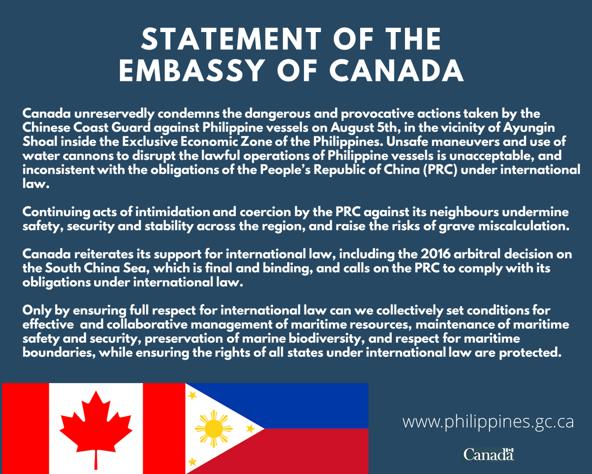 CanEmbPH's tweet photo. Canada unreservedly condemns the dangerous and provocative actions taken by the Chinese Coast Guard against Philippine vessels on August 5th, in the vicinity of Ayungin Shoal inside the Exclusive Economic Zone of the Philippines. (1/5) https://t.co/MXt5BMXZNK