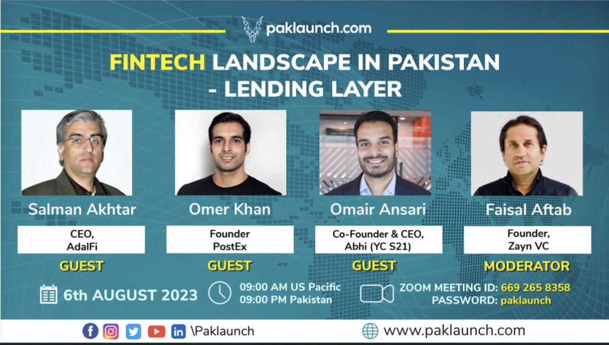 Looking forward to Part II of FinTech Landscape in Pakistan 🇵🇰with three more stellar founders! Salman Akhtar Omair Ansari Muhammad Omer Khan ⭐️Today⭐️ 9 PM PKT 5 PM UK 9 AM US Pacific Zoom link: us06web.zoom.us/j/6692658358?p… All three of these companies have built sizable loan…