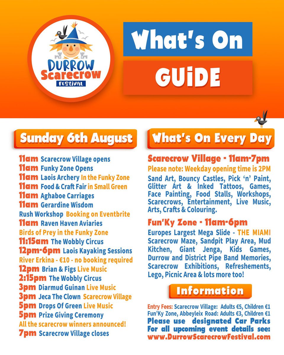 🌞🎉 Get ready for an amazing Sunday, 6th August, at Durrow Scarecrow Festival! 🎭

#DurrowScarecrowFestival #SundayFunday #LiveMusic #PrizeGiving #FamilyFriendly 🤗🎉