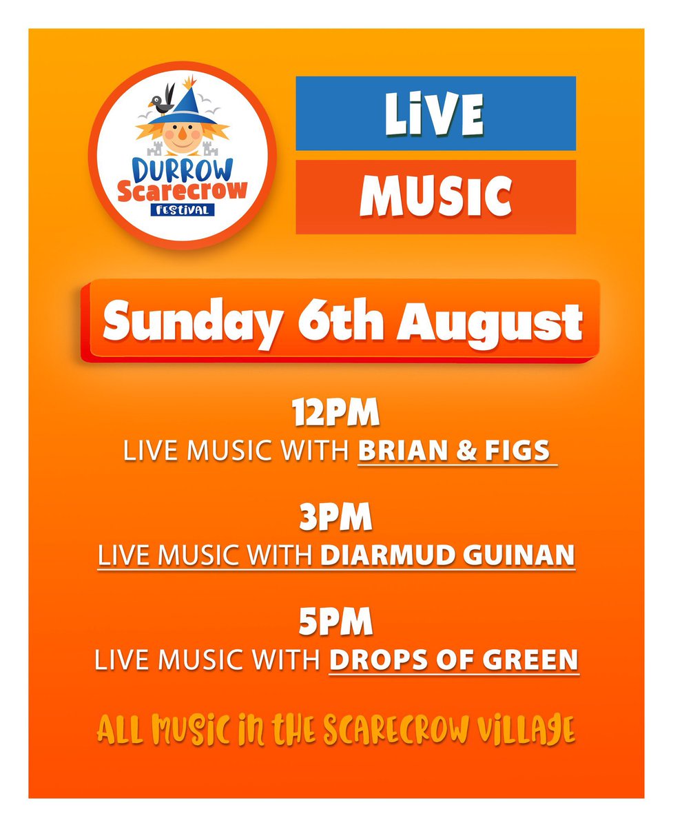 🌟🎶 Sunday, 6th August, at Durrow Scarecrow Festival is all about the music! 🎵🎉 Join us in the Scarecrow Village for a day filled with fantastic live performances!