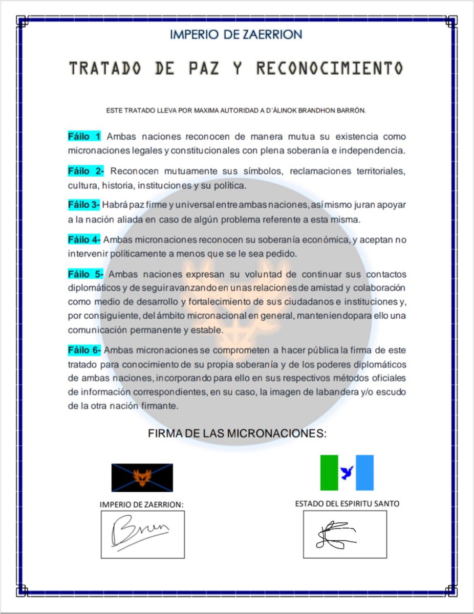 Publicando el primer tratado imperial después de la 4ta reforma.

Zaerrion - Espíritu Santo 

Viva la diplomacia y el imperio!