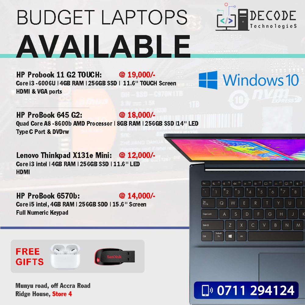decode_it_kenya's tweet photo. @followers  Affordable laptops available

With #ssd and ample #RAM and preinstalled applications. 
#hp #lenovo #dell and #asus

#love technology, try #decode technologies. 
0711 294124 | info@decodetech.co.ke https://t.co/uwXegDc2ak