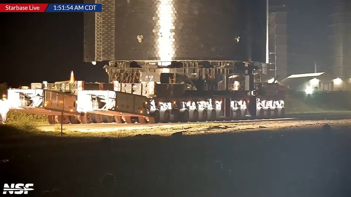 StephanieAus67's tweet photo. S25 made its way from Pad B at the Launch Site to the Rocket Garden back at the production site.
As was the case for S24, it will likely be getting final pre-flight finishing touches.
@NASASpaceflight 
Live from #Stabase TX.

https://t.co/lyV1xnsF1j https://t.co/REV8Bfuput