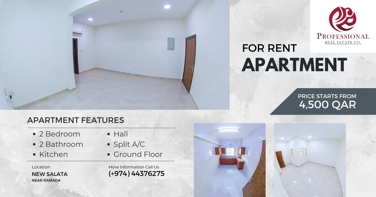 profestate's tweet photo. Unfurnished | 2 Bedroom Apartment in New Salata | Near Ramada | Ground Floor

Unfurnished, 2 BHK Apartment in New Salata
Location: Near Ramada
Monthly Rent: 4,500/-

DESCRIPTION:
• 2 Bedrooms 
• 2 Bathrooms 
• Hall / Living Area
• Close Kitchen
• Ground Floor

FEATURES AND AMENITIES:
• Split A/C
• Covered Parking
• Water/Electricity Included
• Maintenance

TERMS AND CONDITIONS:
• Contract Period is 12 Months + 1 Month Security Deposit
• Contract directly from the owner
• Office Commission is half-month of rent

For inquiries and assistance contact us:
Mobile (+974) 50554361
Office (+974) 44376275

Visit us and follow our social media pages
https://t.co/UNt0G3wWcL
https://t.co/WpGeRpoPTZ
https://t.co/YRSzwXJ1vn

Welcome To The World Of Fine Living

Please expect some minimal variations between the photos and the actual unit due to valid factors,
such as the specific area of the unit, lighting enhancements, and so forth.

License to Practice The Real Estate Brokerage (208) 

#realestatedoha #apartmentsdoha #profestate