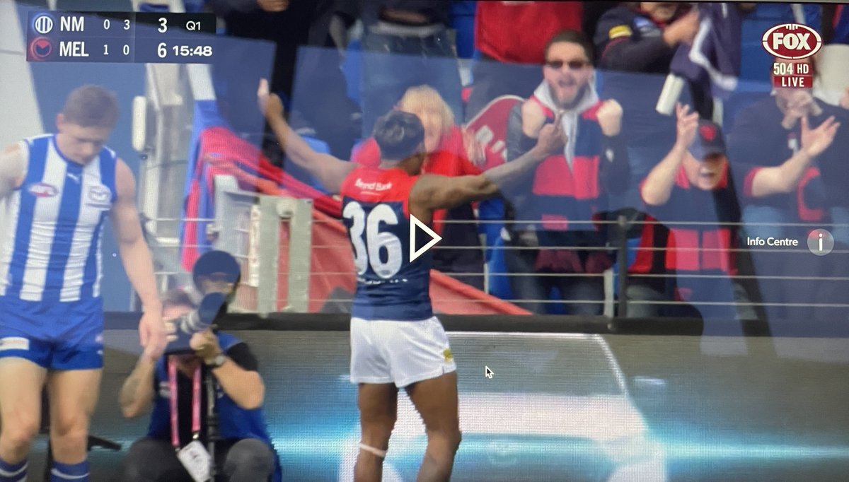 What an awesome day and a truly unbelievable moment. Kozzie snaps from the boundary line to score Melbourne’s first goal, turns to look at yours truly and celebrates. One of the most amazing moments I’ve ever experienced! 🔴🔵 #AFLRoosDees 

Thanks for having me <a href="/DeeArmy/">Demon Army</a>