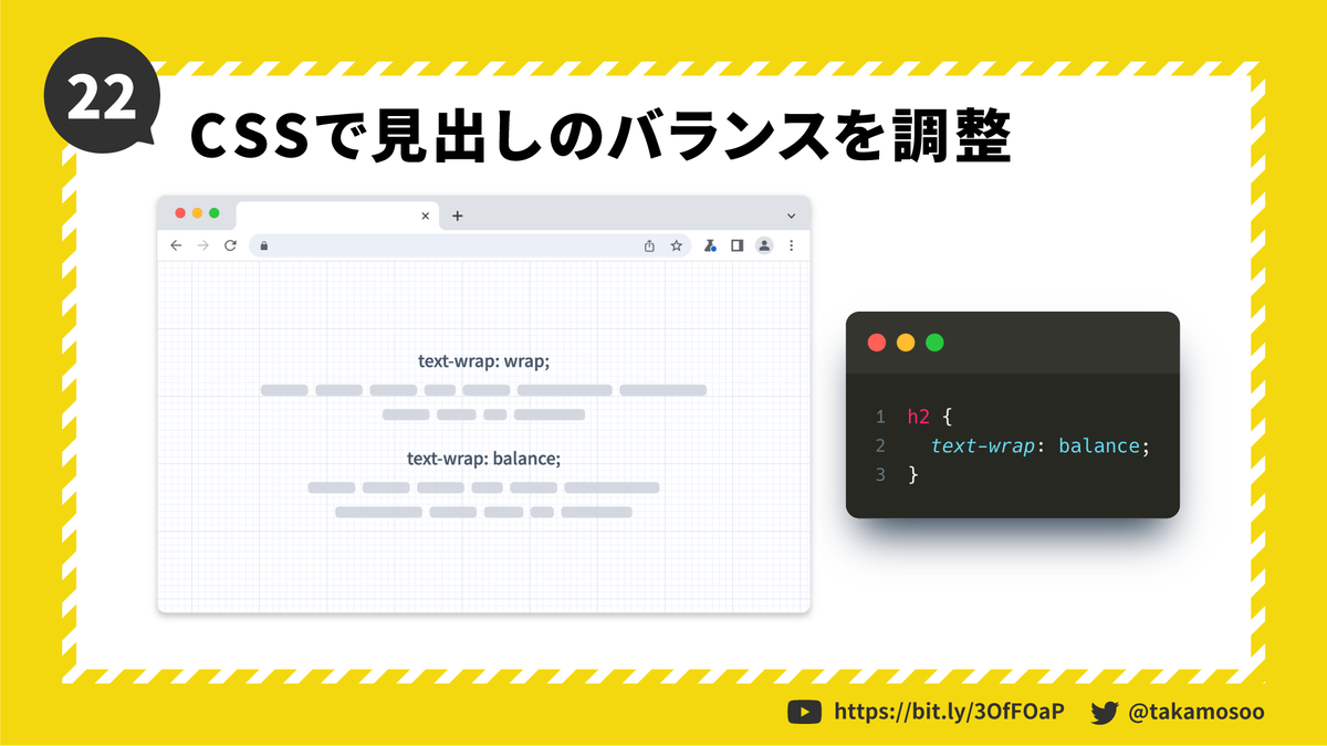 takamosooo's tweet photo. TILTIPS #022

CSSで見出しの改行位置のバランスを調整

❶ text-wrap: balance;を指定すると改行位置が自動調整される。
❷ パフォーマンスのためにbody要素に指定するのではなく、使用する箇所にだけ指定する。
❸ 6行以下の文章に対してのみ有効なので、基本的には見出しに使う。