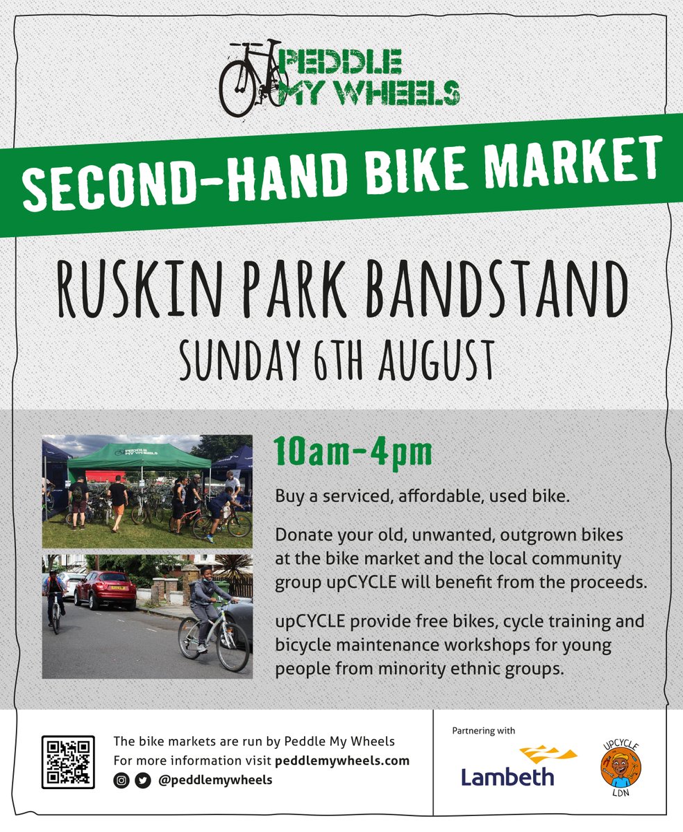 peddlemywheels's tweet photo. REMINDER - SECOND-HAND BIKE MARKET TODAY
Ruskin Park Bandstand - come along between 10am - 4pm.
Buy a serviced, used bike at affordable prices. @lambeth_council @upcycleldn
#activetravel
#cycling
#environment
#thebikeproject
#recycle https://t.co/MCfnNvHdrN