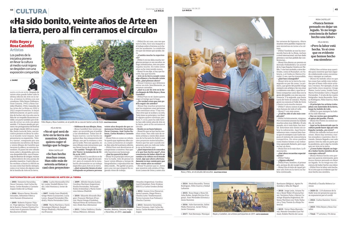 ‘Arte en la Tierra’ Santa Lucía de Ocón
«Ha sido bonito, 20 años de Arte en la tierra, pero al fin cerramos el círculo» 
Félix Reyes y Rosa Castellot, los padres de la iniciativa pionera en llevar la cultura al medio rural riojano se despiden.
Esperemos no perder esta iniciativa