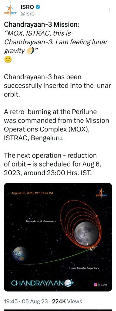 vaastavngo's tweet image. Congratulations to all scientists of @isro 
The #MenMade #Chandrayaan3 entered in lunar orbit.