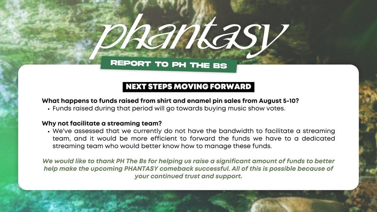 [PHANTASY PT. 1] 🌴
COMEBACK FUNDRAISING

Here’s a report on the allocation of funds for the initial #PHANTASY comeback fundraising! 

We have sent in ₩800,000 to @tbz_strm to help w/ comeback support activities.

Thank you for your overwhelming amount of support, PH The Bs! ❤️