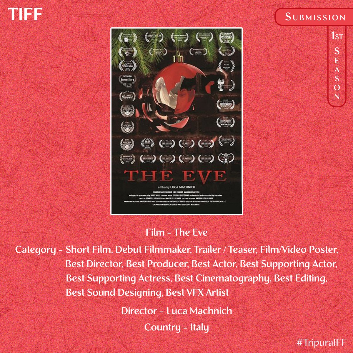 Recently submitted film "The Eve" directed by Luca Machnich will compete for 13 different categories of Tripura International Film Festival.

Submit your film/script/photography via @filmfreeway , link in our bio - filmfreeway.com/TripuraIFF

Thank you. Good luck.
#TripuraIFF 🎬