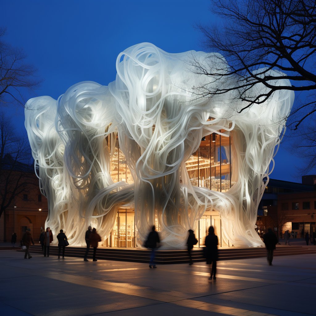 LynxHaus's tweet photo. Exploration of exterior building material ✨

#imagine building is made of many cables, in the style of detailed anatomy, contoured shading, gutai group, transparent layers

#midjourneyart #architecture #design #AI #artwork https://t.co/jVrQ99lqKr