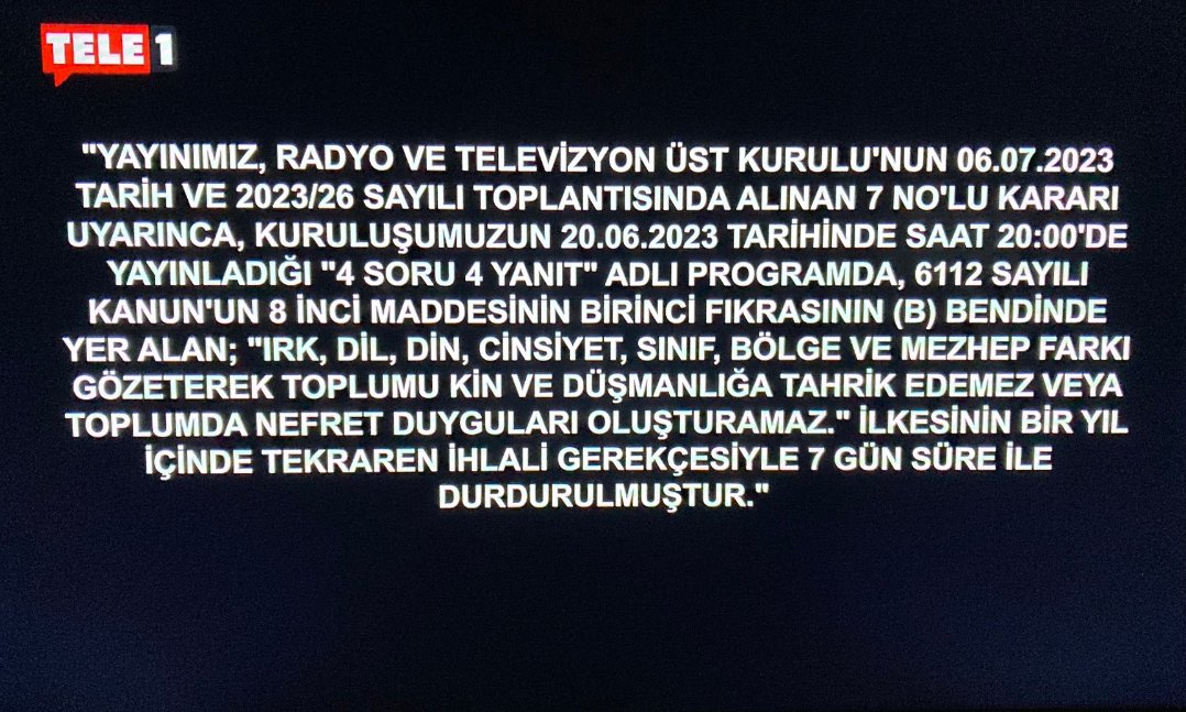 Her zaman doğadan ve yaşamdan yana olan TELE 1 Tv'ye verilen 7 günlük ekran karartma cezasını en sert şekilde kınıyoruz.Bu verilen cezayı hukuksuz buluyor ve Halk' ın haber alma özgürlüğüne vurulan bir darbe olarak görüyoruz
#Tele1Susturulamaz
#Tele1VarsaUmutVar
#İkizdereDoğaUmut