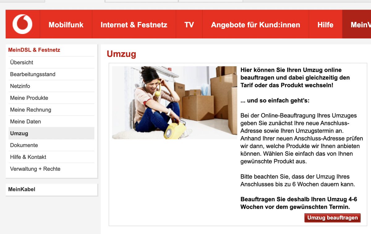 Hallo <a href="/vodafoneservice/">Vodafone Service</a>, wisst ihr, dass der Umzugsservice nicht funktioniert? Nach Klick auf "Umzug beauftragen" wie im Screenshot, wird man lediglich zur vorherigen Page zurückgeleitet (dsl.vodafone.de/vfksc/index_pr…)…