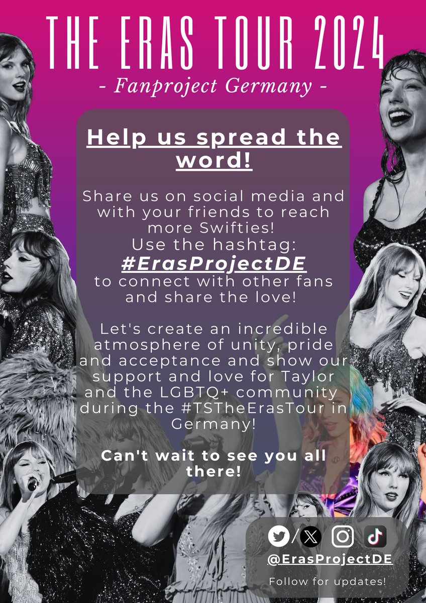 ErasProjectDEx's tweet photo. 🚨 Are you ready for it? 💜✨

Next year, #TSTheErasTour is coming to Germany - and we want to show her our support! 🎊💞 

How to participate?
🩷 Read the Information in the images!
💜 Follow our socials!
💙 Share this with your Eras concert buddies!

#ErasProjectDE https://t.co/AADVgzsmF1