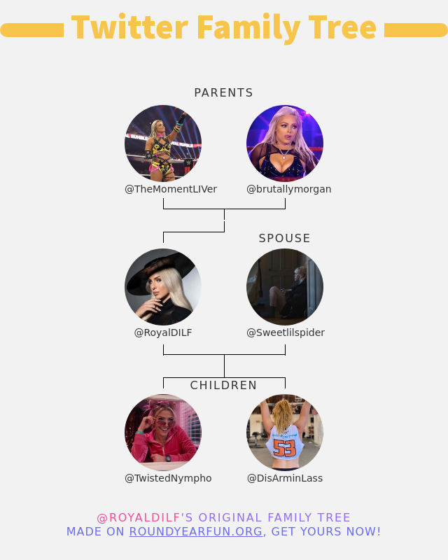 👨‍👩‍👧‍👦 My Twitter Family:
👫 Parents: <a href="/TheMomentLIVer/">Greatest Rumble Winner 😍😍😍</a> @brutallymorgan
👰 Spouse: @Sweetlilspider
👶 Children: @TwistedNympho @DisArminLass

➡️ twitterfun.games/twitterfamily?…