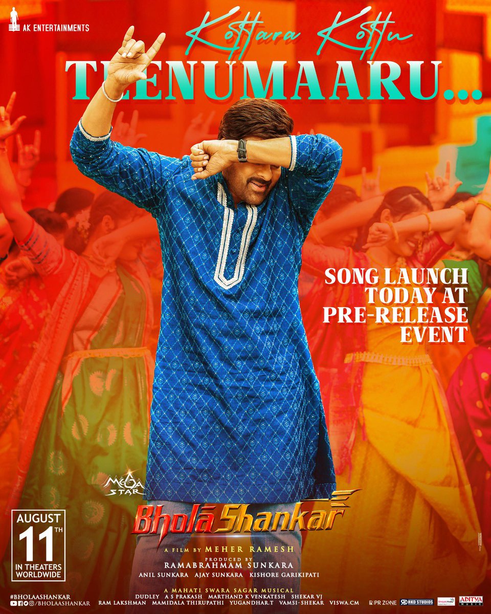 The Celebrations are going to be grandeur with the much-awaited song from #BholaaShankar 🔱

#TeenuMaaru Song Launch TODAY at the PRE-RELEASE EVENT 🥁

<a href="/SagarMahati/">Mahati Swara Sagar</a> Thumping Musical ❤️‍🔥

Mega🌟 <a href="/KChiruTweets/">Chiranjeevi Konidela</a> &amp; <a href="/KeerthyOfficial/">Keerthy Suresh</a> in <a href="/Sekharmasteroff/">Sekhar</a> choreography 
A film by