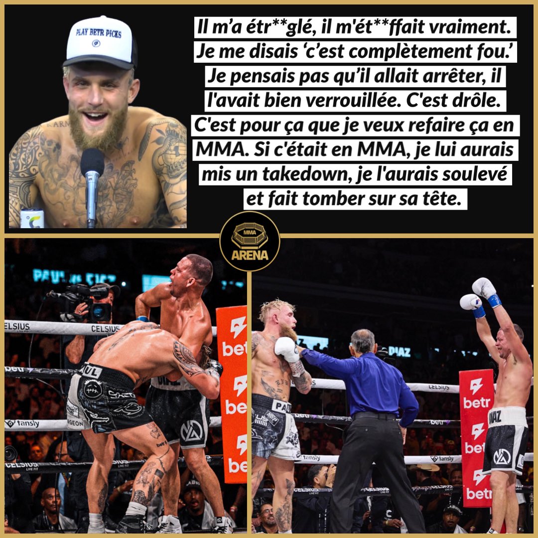 MMArena_'s tweet image. Jake Paul a eu peur que Nate Diaz ne déverrouille pas sa guillotine 😅