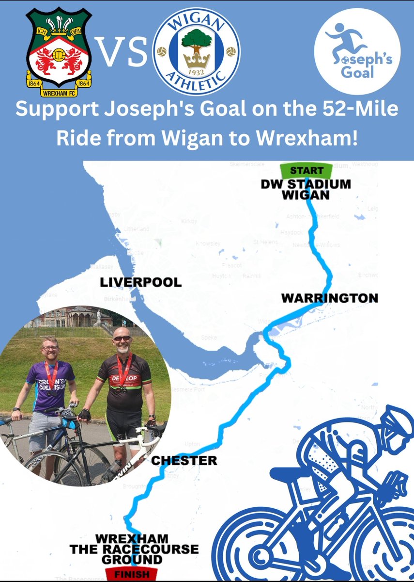 Fantastic win for the latics yesterday! Great start to the season!
The next match is against Wrexham AFC  in the Caraboa Cup. We will be cycling from Wigan to Wrexham to raise money and awareness for Joseph's Goal.

Every like and share is appreciated.

justgiving.com/page/wigan-to-…