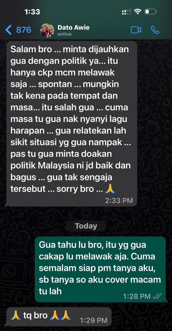 ayimrazakss's tweet photo. Perbualan antara Dato Awie dan Dato Afdlin. Sebarkan supaya lebih ramai yg tahu! Terbaik Dato Awie!

Jangan kaitkan Dato Awie dengan politik https://t.co/4pMZsqKIVF