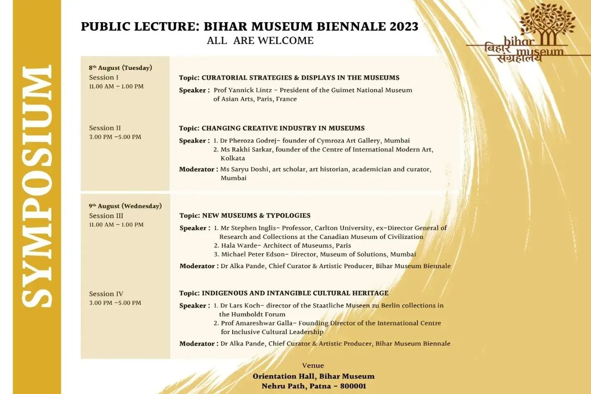 Bihar_Museum's tweet photo. बिहार संग्रहालय के स्थापना दिवस के अवसर पर दिनांक 07 अगस्त 2023 को  संध्या 5 बजे बिहार म्यूजियम बिनाले और टुगेदर वी आर्ट का उद्घाटन होना है।

साथ ही 08 एवं 09 अगस्त को संगोष्ठी भी आयोजित है|

उद्घाटन समारोह एवं संगोष्ठी में आपका स्वागत है------- वंदन है ----- अभिनन्दन है। https://t.co/4BhW6A0Emv