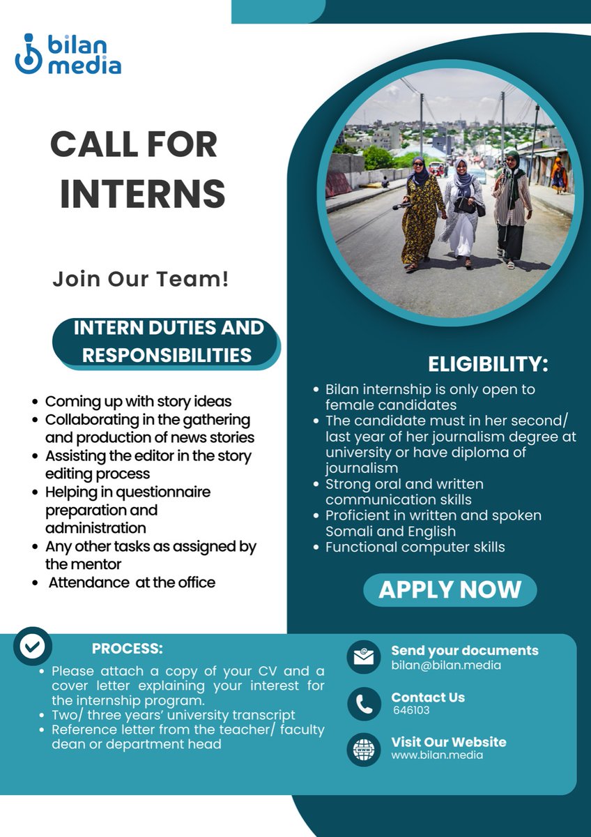 Here's a great opportunity for aspiring #Somali female journalism students or those who have recently graduated - two internships on offer at the all-women <a href="/MediaBilan/">Bilan Media</a> in Mogadishu. The deadline for applications is 12 August. #Somalia #journalism